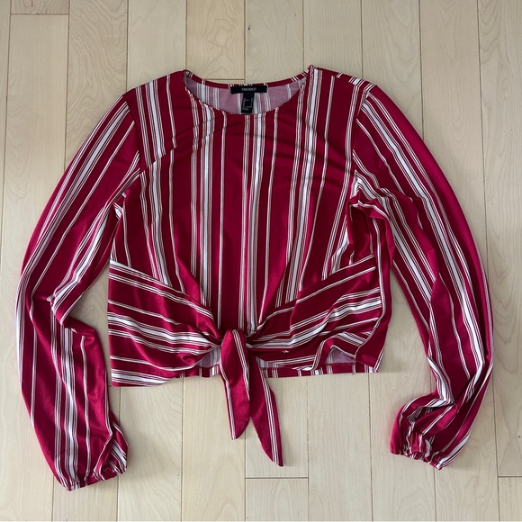 Forever 21 Red and White Striped Tie Front Long Sleeve Shirt - Picture 1 of 3